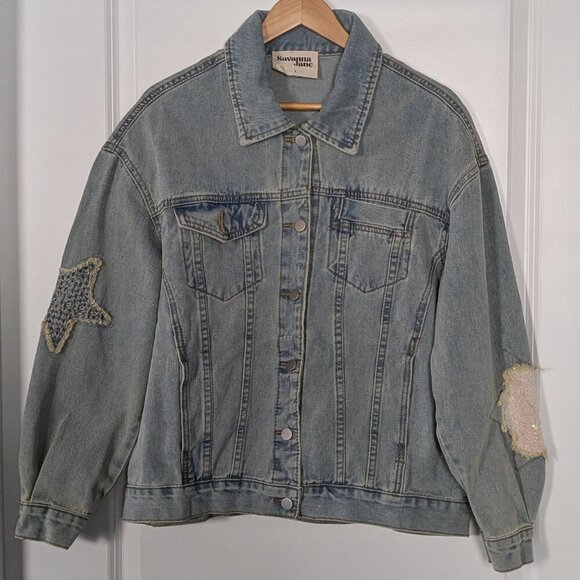 Savanna Jane Jean Jacket Women's Large Distressed Embroidered Pink Stars Sequins - Picture 5 of 16